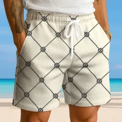 Best OUKU Men's Geometric Grid / Plaid Waffle Shorts Sweat Shorts Casual Shorts Mid Waist Fashion Casual Vacation Jogging Workout Elastic Drawstring Waist Shorts with Pockets Designer Clothing Apparel