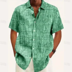 Outlet OUKU Men's Geometric Grid / Plaid Shirt Casual Shirt Button Up Shirt Short Sleeve Fashion Casual Vacation Holiday Streetwear Summer Turndown 3D Print Front One Pocket Linen Like Shirt Pink Blue Purple