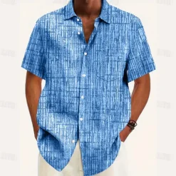 Outlet OUKU Men's Geometric Grid / Plaid Shirt Casual Shirt Button Up Shirt Short Sleeve Fashion Casual Vacation Holiday Streetwear Summer Turndown 3D Print Front One Pocket Linen Like Shirt Pink Blue Purple