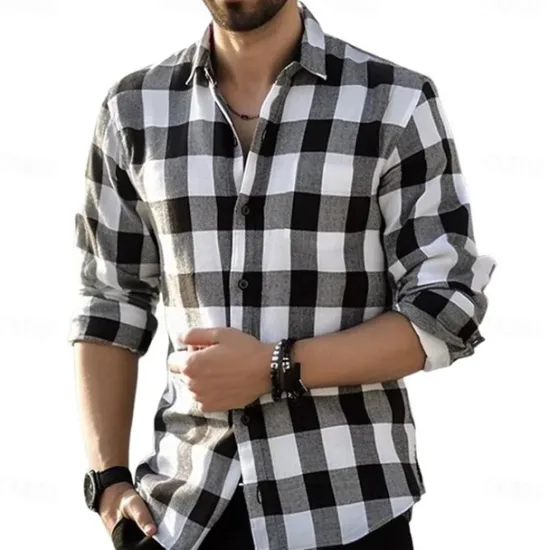 Discount OUKU Men's Geometric Grid / Plaid Shirt Button Up Shirt Casual Dress Shirt Long Sleeve Fashion Casual Office Dailywear Spring Fall Turndown 3D Print Linen Like Shirt Black Red Navy Blue Blue