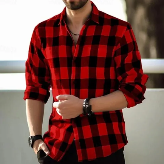 Discount OUKU Men's Geometric Grid / Plaid Shirt Button Up Shirt Casual Dress Shirt Long Sleeve Fashion Casual Office Dailywear Spring Fall Turndown 3D Print Linen Like Shirt Black Red Navy Blue Blue