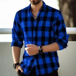 Discount OUKU Men's Geometric Grid / Plaid Shirt Button Up Shirt Casual Dress Shirt Long Sleeve Fashion Casual Office Dailywear Spring Fall Turndown 3D Print Linen Like Shirt Black Red Navy Blue Blue