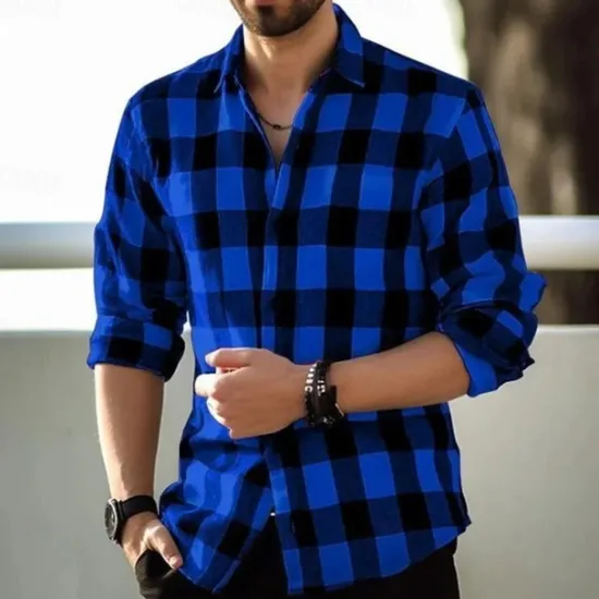 Discount OUKU Men's Geometric Grid / Plaid Shirt Button Up Shirt Casual Dress Shirt Long Sleeve Fashion Casual Office Dailywear Spring Fall Turndown 3D Print Linen Like Shirt Black Red Navy Blue Blue