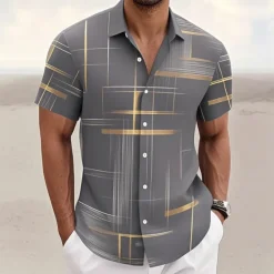 Online OUKU Men's Geometric Grid / Plaid Shirt Button Up Shirt Short Sleeve Fashion Casual Outdoor Vacation Streetwear Summer Spring Turndown 3D Print Collared Shirts Black Pink Army Green Blue Green