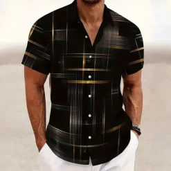 Online OUKU Men's Geometric Grid / Plaid Shirt Button Up Shirt Short Sleeve Fashion Casual Outdoor Vacation Streetwear Summer Spring Turndown 3D Print Collared Shirts Black Pink Army Green Blue Green
