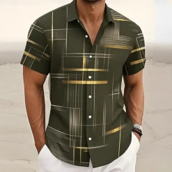 Online OUKU Men's Geometric Grid / Plaid Shirt Button Up Shirt Short Sleeve Fashion Casual Outdoor Vacation Streetwear Summer Spring Turndown 3D Print Collared Shirts Black Pink Army Green Blue Green