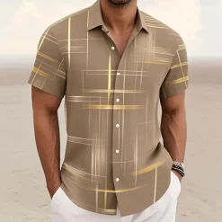 Online OUKU Men's Geometric Grid / Plaid Shirt Button Up Shirt Short Sleeve Fashion Casual Outdoor Vacation Streetwear Summer Spring Turndown 3D Print Collared Shirts Black Pink Army Green Blue Green