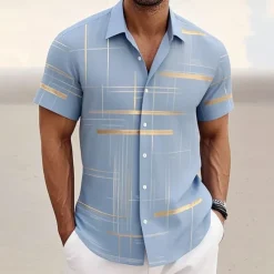 Online OUKU Men's Geometric Grid / Plaid Shirt Button Up Shirt Short Sleeve Fashion Casual Outdoor Vacation Streetwear Summer Spring Turndown 3D Print Collared Shirts Black Pink Army Green Blue Green