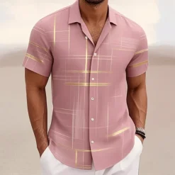 Online OUKU Men's Geometric Grid / Plaid Shirt Button Up Shirt Short Sleeve Fashion Casual Outdoor Vacation Streetwear Summer Spring Turndown 3D Print Collared Shirts Black Pink Army Green Blue Green