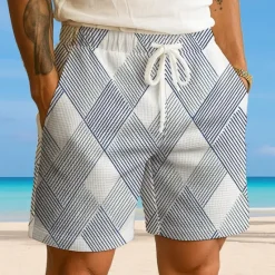 Discount OUKU Men's Geometric Grid / Plaid Waffle Shorts Sweat Shorts Casual Shorts Mid Waist Fashion Casual Vacation Jogging Workout Elastic Drawstring Waist Shorts with Pockets Designer Clothing Apparel