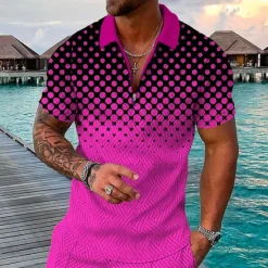 New OUKU Men's Geometric Hawaiian Polo Shirts Golf Shirt Short Sleeve Polo Shirts Collared Shirts Casual Beach Wear Vacation Wear Party Outfits 3D Print Quarter Zip Polo Yellow Pink Blue