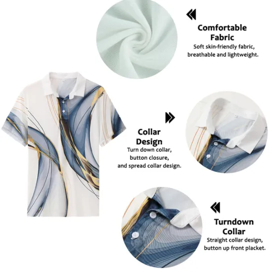 OUKU Men's Geometric Hawaiian Polo Shirts Golf Shirt Short Sleeve Polo Shirts Collared Shirts Casual Beach Wear Vacation Wear Party Outfits Buttons 3D Print Blue Dark Blue Gray+Blue