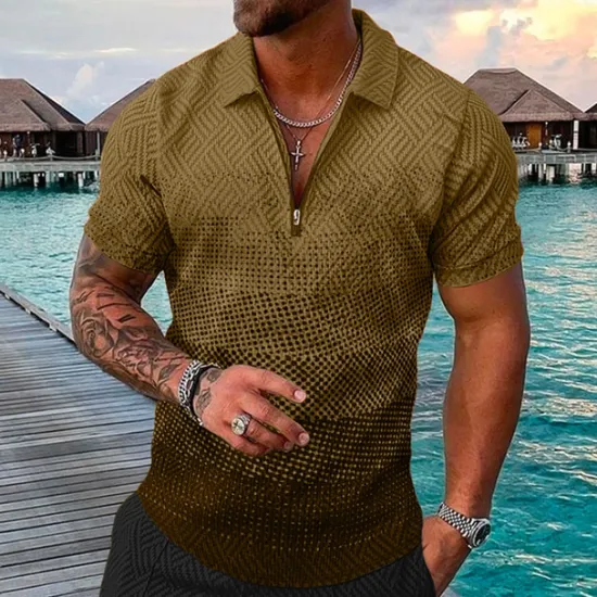 Best OUKU Men's Geometric Hawaiian Polo Shirts Golf Shirt Short Sleeve Polo Shirts Collared Shirts Casual Beach Wear Vacation Wear Party Outfits 3D Print Quarter Zip Polo Yellow Pink Blue