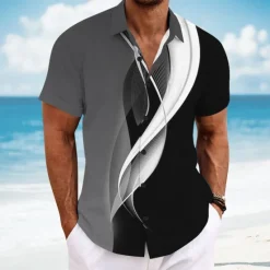 Sale OUKU Men's Geometric Line Abstract Art Shirt Summer Shirt Button Up Shirt Short Sleeve Fashion Casual Vacation Dailywear Beach Wear Summer Spring Turndown 3D Print Linen Like Shirt Yellow Blue Light Grey