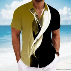 Sale OUKU Men's Geometric Line Abstract Art Shirt Summer Shirt Button Up Shirt Short Sleeve Fashion Casual Vacation Dailywear Beach Wear Summer Spring Turndown 3D Print Linen Like Shirt Yellow Blue Light Grey