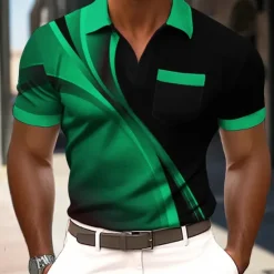 New OUKU Men's Geometric Line Polo Short Sleeve Polo Shirts Collared Shirts Business Casual Outdoor Athleisure Daily Wear 3D Print Buttons Summer Blue Purple Green