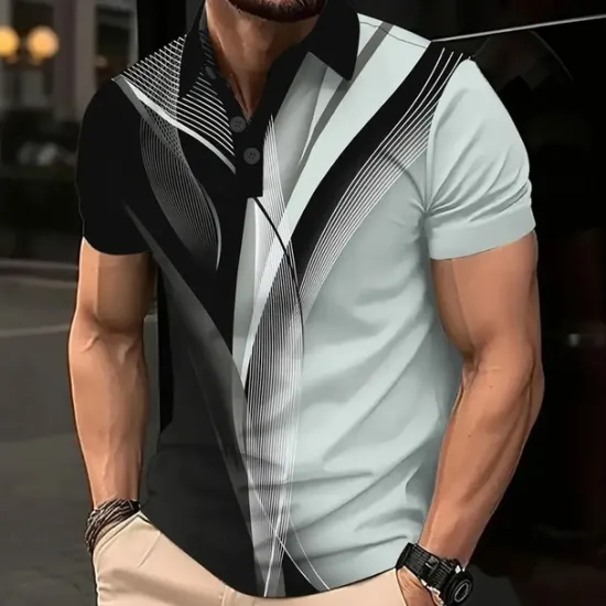 Outlet OUKU Men's Geometric Line Polo Short Sleeve Polo Shirts Collared Shirts Business Casual School Outdoor Daily Wear 3D Print Summer White Blue Purple
