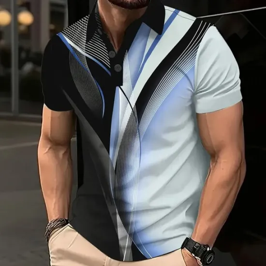 Outlet OUKU Men's Geometric Line Polo Short Sleeve Polo Shirts Collared Shirts Business Casual School Outdoor Daily Wear 3D Print Summer White Blue Purple