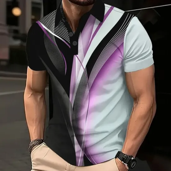 Outlet OUKU Men's Geometric Line Polo Short Sleeve Polo Shirts Collared Shirts Business Casual School Outdoor Daily Wear 3D Print Summer White Blue Purple