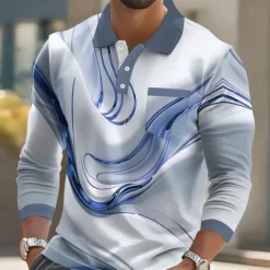 New OUKU Men's Geometric Line Polo Long Sleeve Polo Shirts Collared Shirts Business Casual Business Athleisure Daily Wear Pocket 3D Print Buttons Spring Fall Winter Blue Gold Green