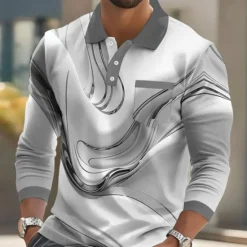 New OUKU Men's Geometric Line Polo Long Sleeve Polo Shirts Collared Shirts Business Casual Business Athleisure Daily Wear Pocket 3D Print Buttons Spring Fall Winter Blue Gold Green