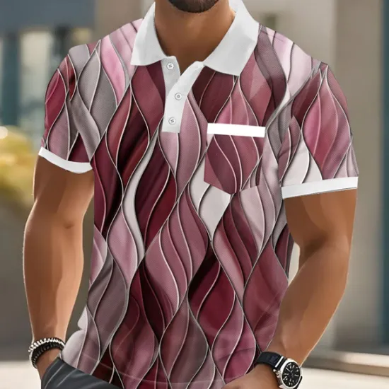 Hot OUKU Men's Geometric Line Polo Short Sleeve Polo Shirts Collared Shirts Business Casual Outdoor Athleisure Daily Wear Pocket 3D Print Buttons Summer Red Blue Purple