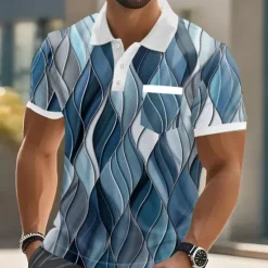 Hot OUKU Men's Geometric Line Polo Short Sleeve Polo Shirts Collared Shirts Business Casual Outdoor Athleisure Daily Wear Pocket 3D Print Buttons Summer Red Blue Purple