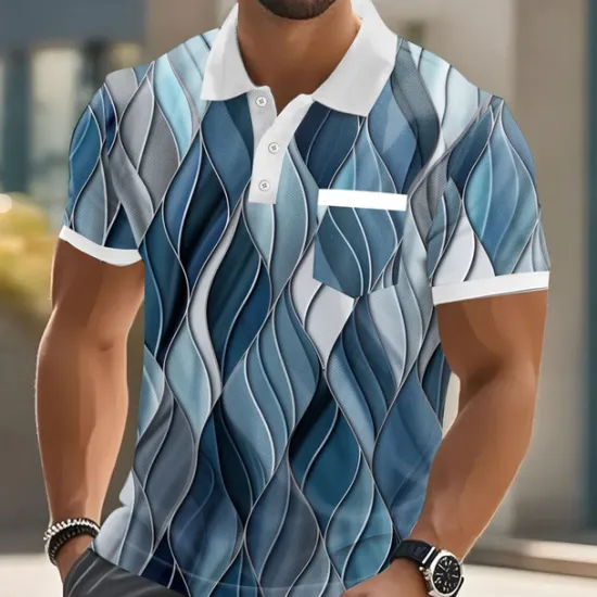 Hot OUKU Men's Geometric Line Polo Short Sleeve Polo Shirts Collared Shirts Business Casual Outdoor Athleisure Daily Wear Pocket 3D Print Buttons Summer Red Blue Purple