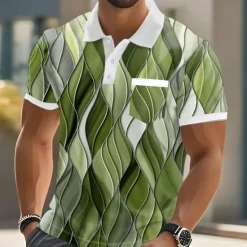 Hot OUKU Men's Geometric Line Polo Short Sleeve Polo Shirts Collared Shirts Business Casual Outdoor Athleisure Daily Wear Pocket 3D Print Buttons Summer Red Blue Purple