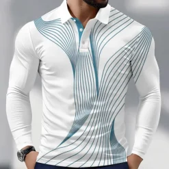 New OUKU Men's Geometric Line Polo Long Sleeve Polo Shirts Collared Shirts Business Casual Athleisure Daily Wear 3D Print Spring Fall Blue Purple Green