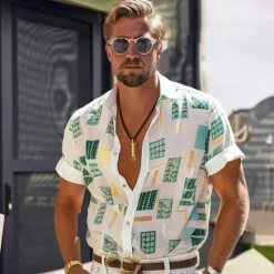 New OUKU Men's Geometric Linen Shirt Casual Shirt Button Up Shirt Short Sleeve Fashion Daily Sports & Outdoors Outdoor Sport Causal Lapel Buttons White