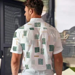 New OUKU Men's Geometric Linen Shirt Casual Shirt Button Up Shirt Short Sleeve Fashion Daily Sports & Outdoors Outdoor Sport Causal Lapel Buttons White