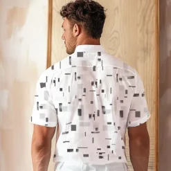 Sale OUKU Men's Geometric Linen Shirt Casual Shirt Button Up Shirt Short Sleeve Daily Sports & Outdoors Outdoor Sports & Outdoor Office / Career Turndown Buttons Pocket White