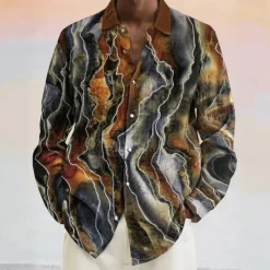 Best OUKU Men's Geometric Marble Abstract Art Shirt Button Up Shirt Long Sleeve Fashion Casual Vacation Daily Spring Fall Turndown 3D Print Linen Like Shirt Brown Gray