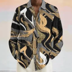 Best OUKU Men's Geometric Marble Abstract Art Shirt Button Up Shirt Long Sleeve Fashion Casual Vacation Daily Spring Fall Turndown 3D Print Linen Like Shirt Brown Gray