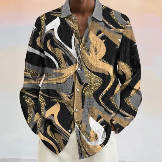 Best OUKU Men's Geometric Marble Abstract Art Shirt Button Up Shirt Long Sleeve Fashion Casual Vacation Daily Spring Fall Turndown 3D Print Linen Like Shirt Brown Gray