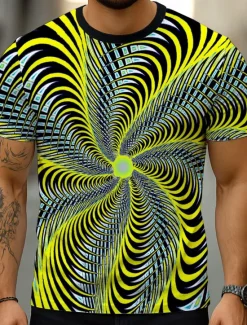 Outlet OUKU Men's Geometric Optical Illusion 3D T Shirt Short Sleeve T shirt 3D Print Crew Neck Shirt Exaggerated Designer Party Street Casual Yellow Navy Blue Blue Summer Spring All Seasons Clothing Apparel S M