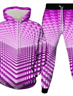 Sale OUKU Men's Geometric Optical Illusion 2pcs 3D Sweatshirt Sets Tracksuit Hoodie Sweatshirt Long Sleeve Long pants Hooded Casual Daily Athleisure 3D Print Spring Fall Winter Yellow Green Red