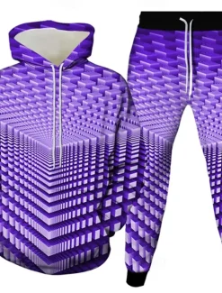 Sale OUKU Men's Geometric Optical Illusion 2pcs 3D Sweatshirt Sets Tracksuit Hoodie Sweatshirt Long Sleeve Long pants Hooded Casual Daily Athleisure 3D Print Spring Fall Winter Yellow Green Red