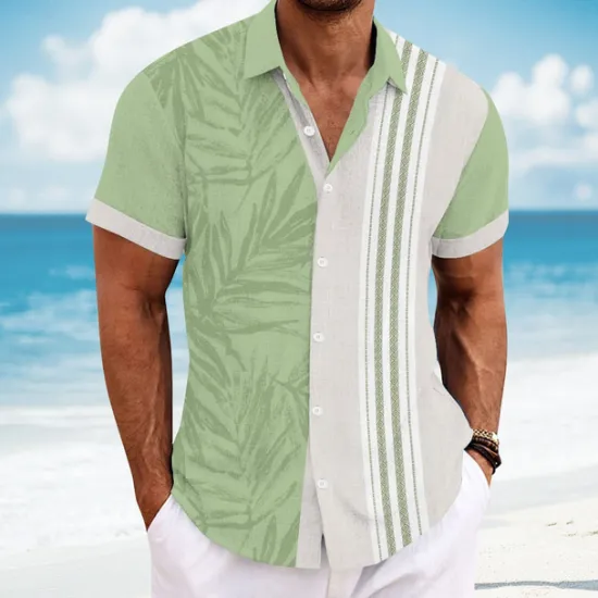 Best OUKU Men's Geometric Palm Leaf Tropical Plants Shirt Guayabera Shirt Summer Hawaiian Shirt Short Sleeve Hawaiian Vacation Dailywear Beach Wear Summer Spring Turndown Button Up Collared Shirts Pink Blue