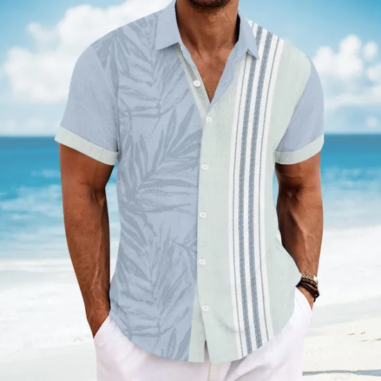 Best OUKU Men's Geometric Palm Leaf Tropical Plants Shirt Guayabera Shirt Summer Hawaiian Shirt Short Sleeve Hawaiian Vacation Dailywear Beach Wear Summer Spring Turndown Button Up Collared Shirts Pink Blue