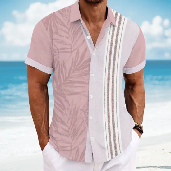 Best OUKU Men's Geometric Palm Leaf Tropical Plants Shirt Guayabera Shirt Summer Hawaiian Shirt Short Sleeve Hawaiian Vacation Dailywear Beach Wear Summer Spring Turndown Button Up Collared Shirts Pink Blue