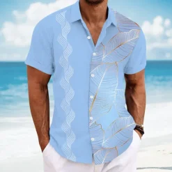 Online OUKU Men's Geometric Palm Leaf Tropical Plants Shirt Guayabera Shirt Button Up Shirt Short Sleeve Hawaiian Vacation Dailywear Beach Wear Summer Spring Turndown 3D Print Collared Shirts Pink Blue Sky Blue