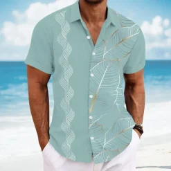 Online OUKU Men's Geometric Palm Leaf Tropical Plants Shirt Guayabera Shirt Button Up Shirt Short Sleeve Hawaiian Vacation Dailywear Beach Wear Summer Spring Turndown 3D Print Collared Shirts Pink Blue Sky Blue