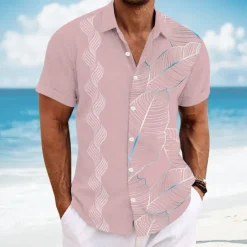 Online OUKU Men's Geometric Palm Leaf Tropical Plants Shirt Guayabera Shirt Button Up Shirt Short Sleeve Hawaiian Vacation Dailywear Beach Wear Summer Spring Turndown 3D Print Collared Shirts Pink Blue Sky Blue