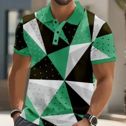Hot OUKU Men's Geometric Pattern Abstract Polo Short Sleeve Polo Shirts Collared Shirts Casual Street Athleisure Daily Wear Buttons Summer Red Blue Green