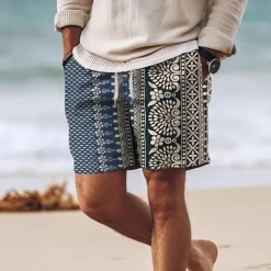 Best OUKU Men's Geometric Pattern Flower / Floral Swim Shorts Board Shorts Swimming Trunks Mid Waist Vintage Hawaiian Ethnic Style Holiday Beach Drawstring with Mesh lining Elastic Waist Designer Clothing Blue
