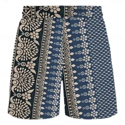 Best OUKU Men's Geometric Pattern Flower / Floral Swim Shorts Board Shorts Swimming Trunks Mid Waist Vintage Hawaiian Ethnic Style Holiday Beach Drawstring with Mesh lining Elastic Waist Designer Clothing Blue