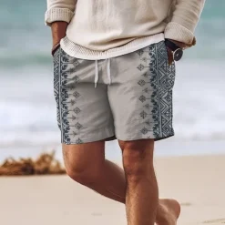 Hot OUKU Men's Geometric Pattern Flower / Floral Swim Shorts Board Shorts Swimming Trunks Mid Waist Hawaiian Ethnic Style Casual Holiday Beach Drawstring with Mesh lining Elastic Waist Designer Clothing Grey