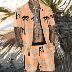 Online OUKU Men's Geometric Pattern Geometry 2pcs Shirts Sets Summer Hawaiian Shirt Short Sleeve Short Pants Cuban Collar Tropical Fashion Hawaiian Casual Holiday Beach Print Summer Spring Yellow Orange Coffee